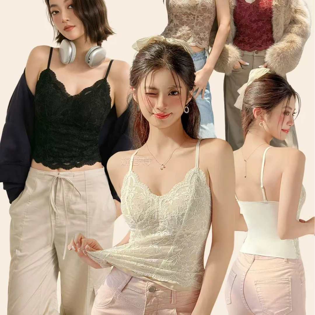 秋冬V领磨毛蕾丝保暖背心-6609（自带胸垫）