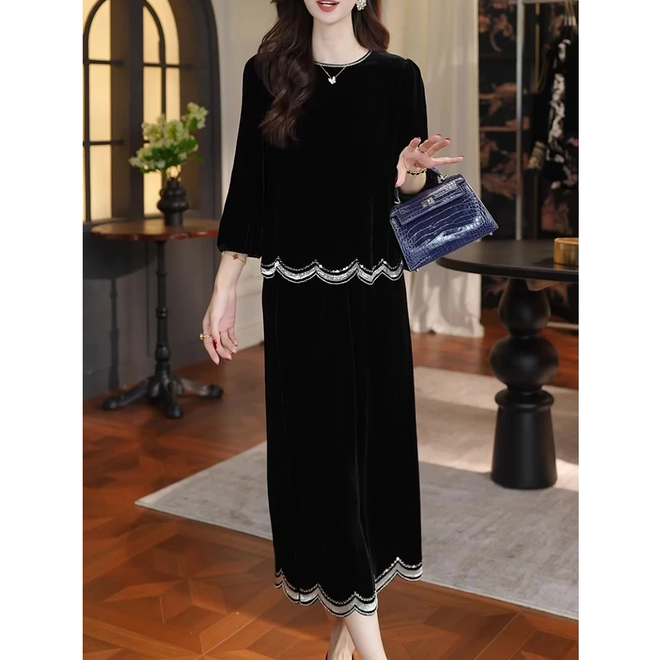 时尚黑色钉珠套装女2025秋季新款新中式宽松显瘦减龄上衣+半身裙