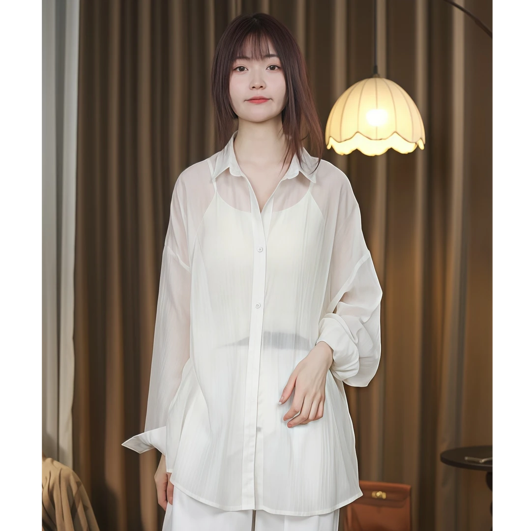 【DD】纯色设计感宽松微透衬衫女2025新款夏季防晒衬衫薄款~2517073