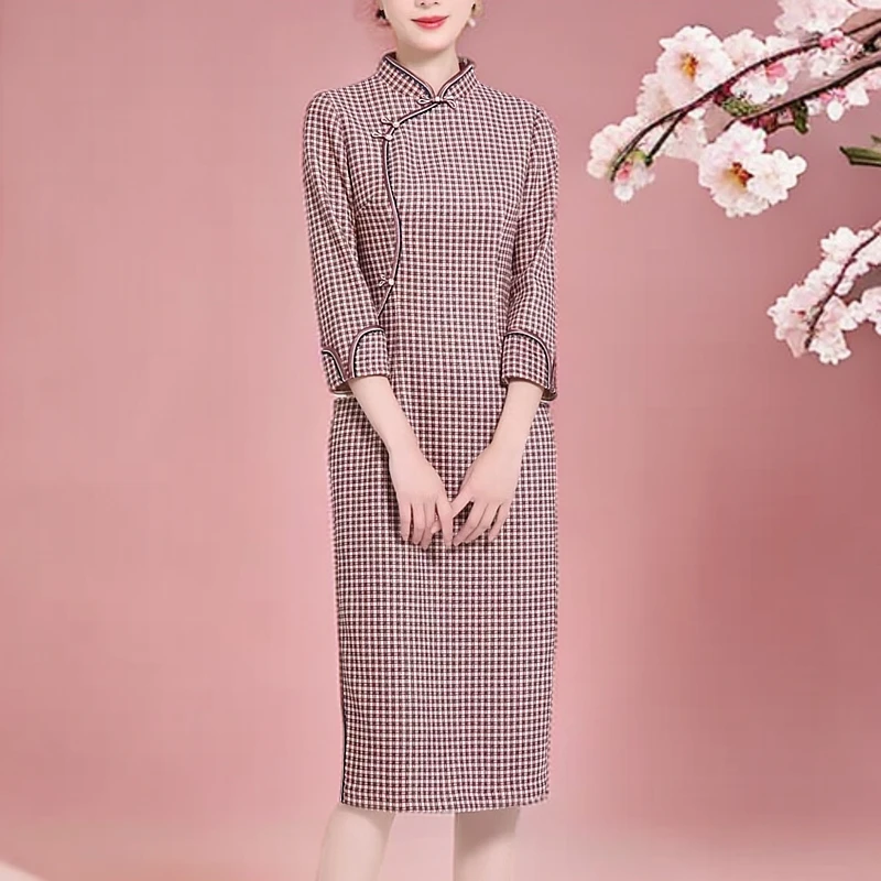 [裁缝方师傅家]新中式旗袍格纹双层复古中长款春秋文艺时尚民国风
