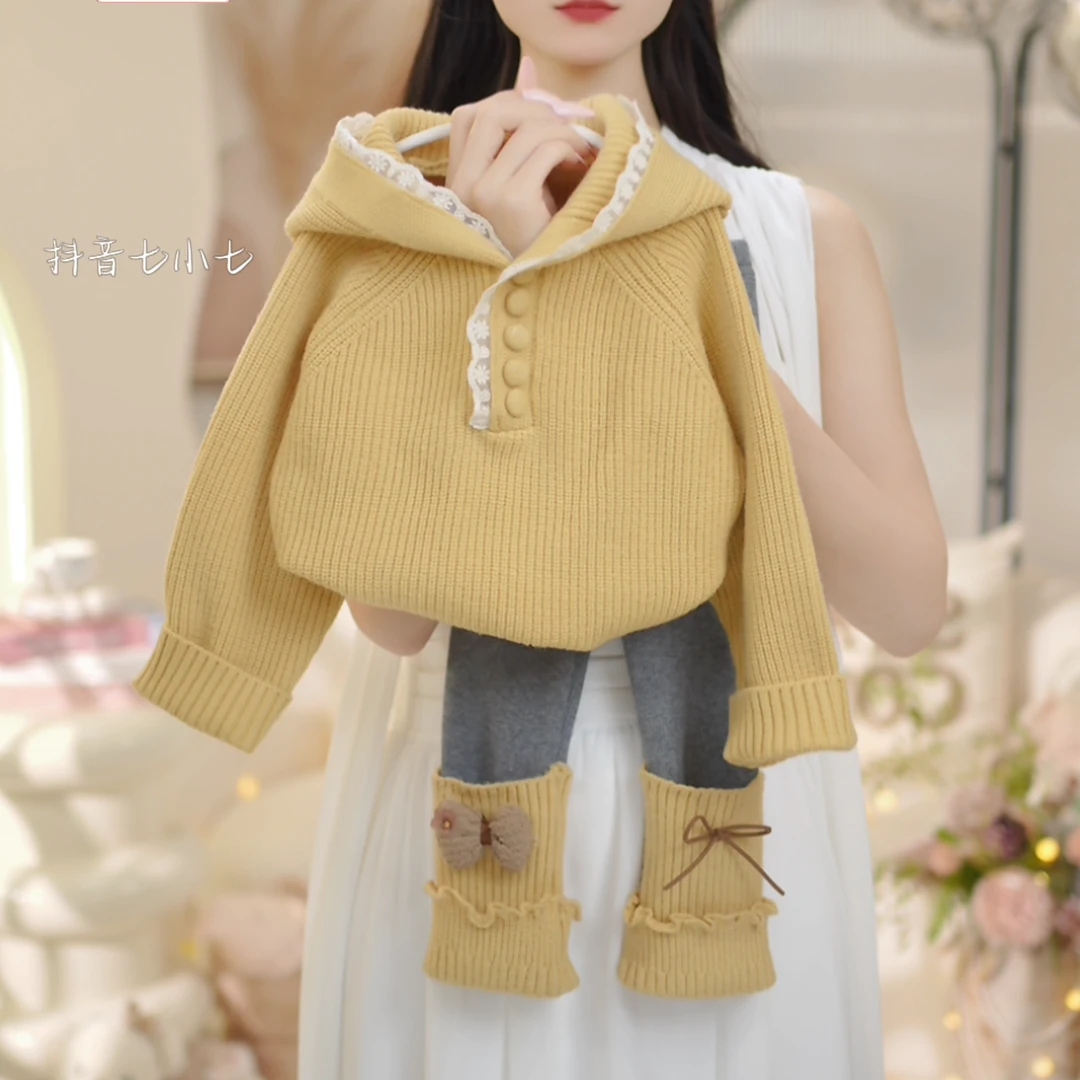 女童2025秋冬季新款洋气花边连帽加厚毛衣➕加绒打底裤套装C23923