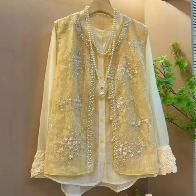 新中式国风重工钉珠刺绣百搭短款日常气质开衫马甲上衣33737