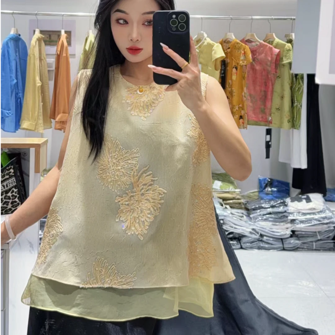 新中式双层提花女款上衣无袖背心夏季新款时尚百搭中国风宽松复古