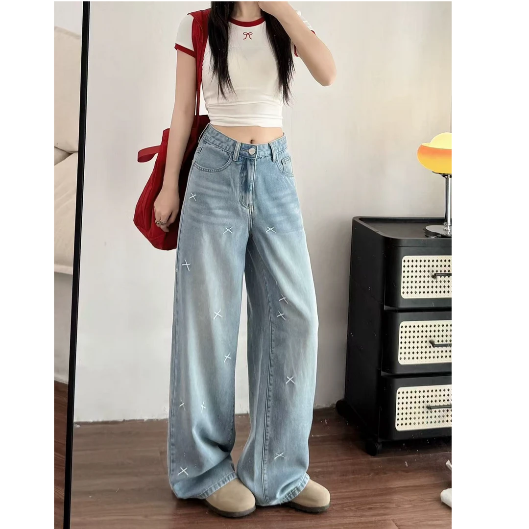 高腰阔腿牛仔裤女新款大码胖mm夏季薄款宽松显瘦复古百搭直筒宽松