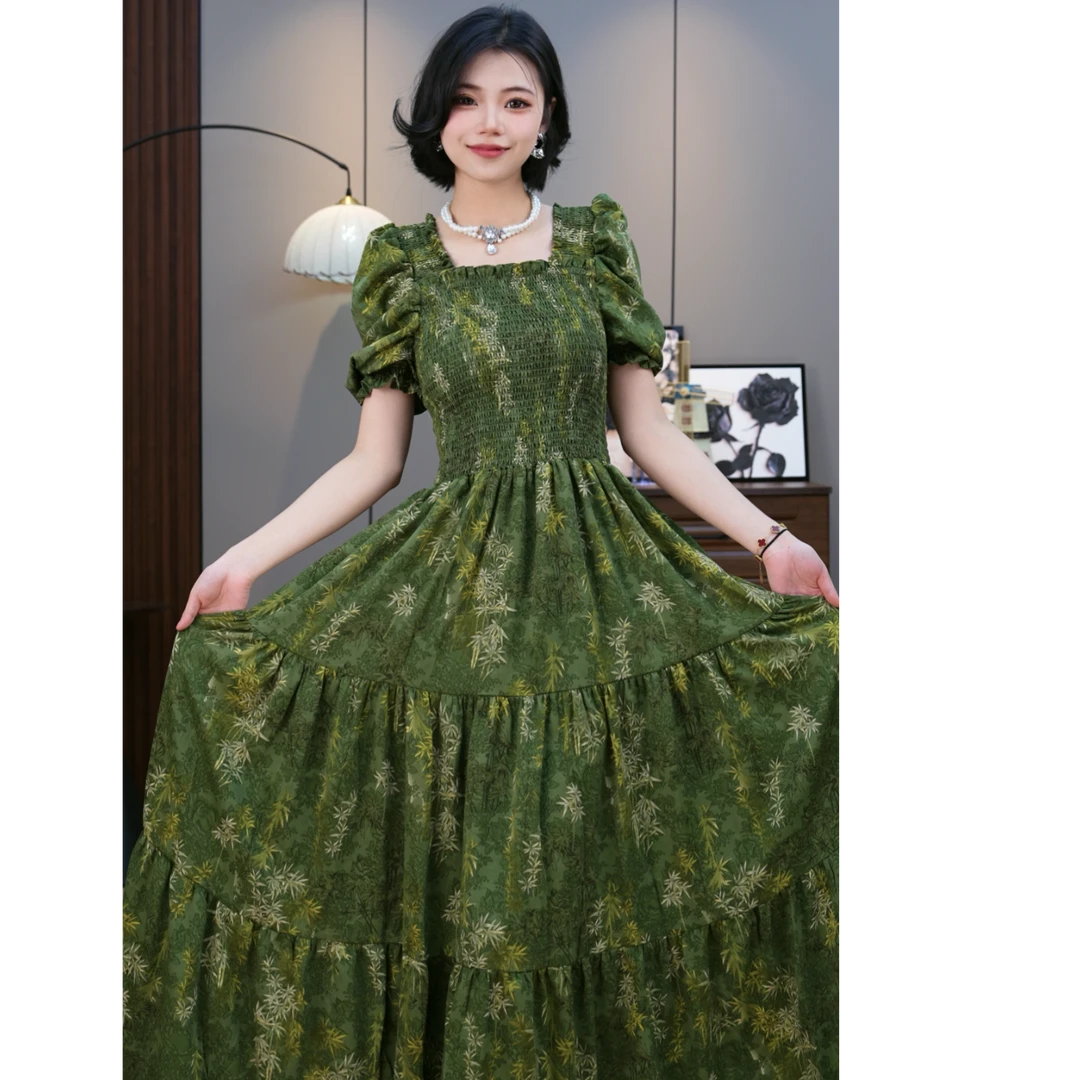 【868】2025新款气质收腰泡泡袖一字肩印花碎花连衣裙碎花裙连衣裙