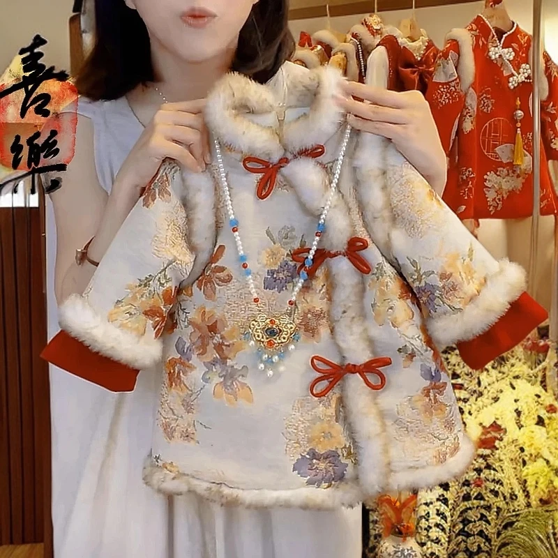 女童新中式旗袍裙2024冬季新款儿童洋气中国风加绒夹棉加厚拜年服