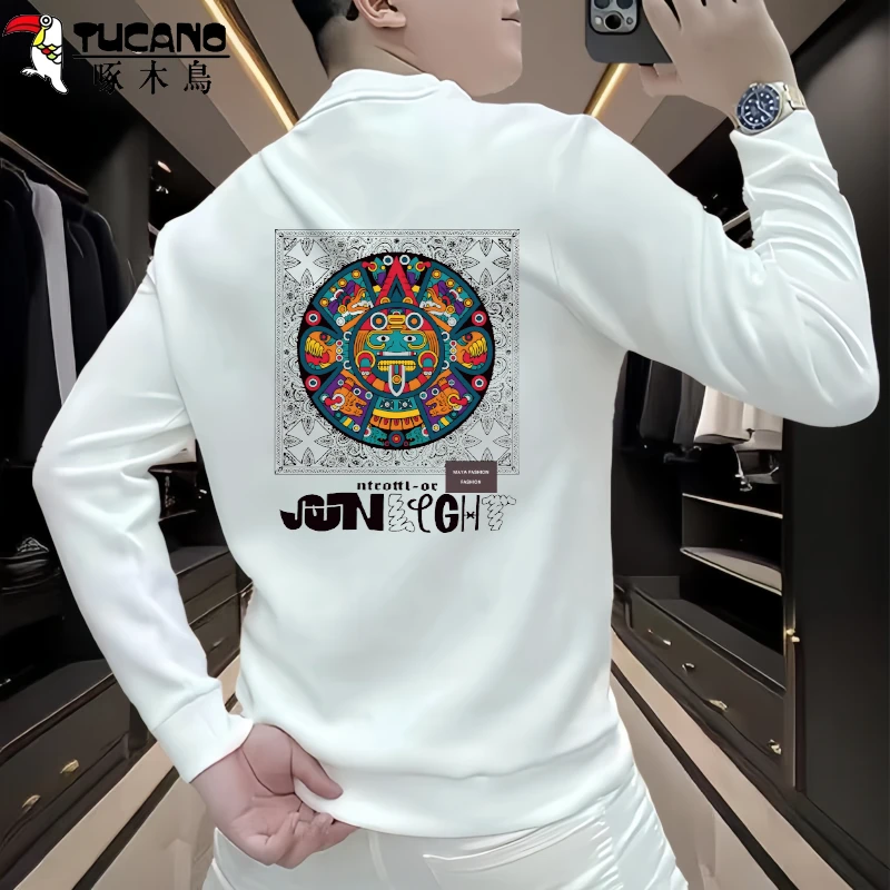 啄木鸟卫衣2025秋冬黑色卫衣男重磅圆领潮流情侣百搭宽松运动上衣