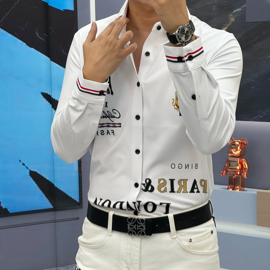 男士春秋季新款高品质弹力潮流休闲百搭印花烫钻织带长袖衬衣修身