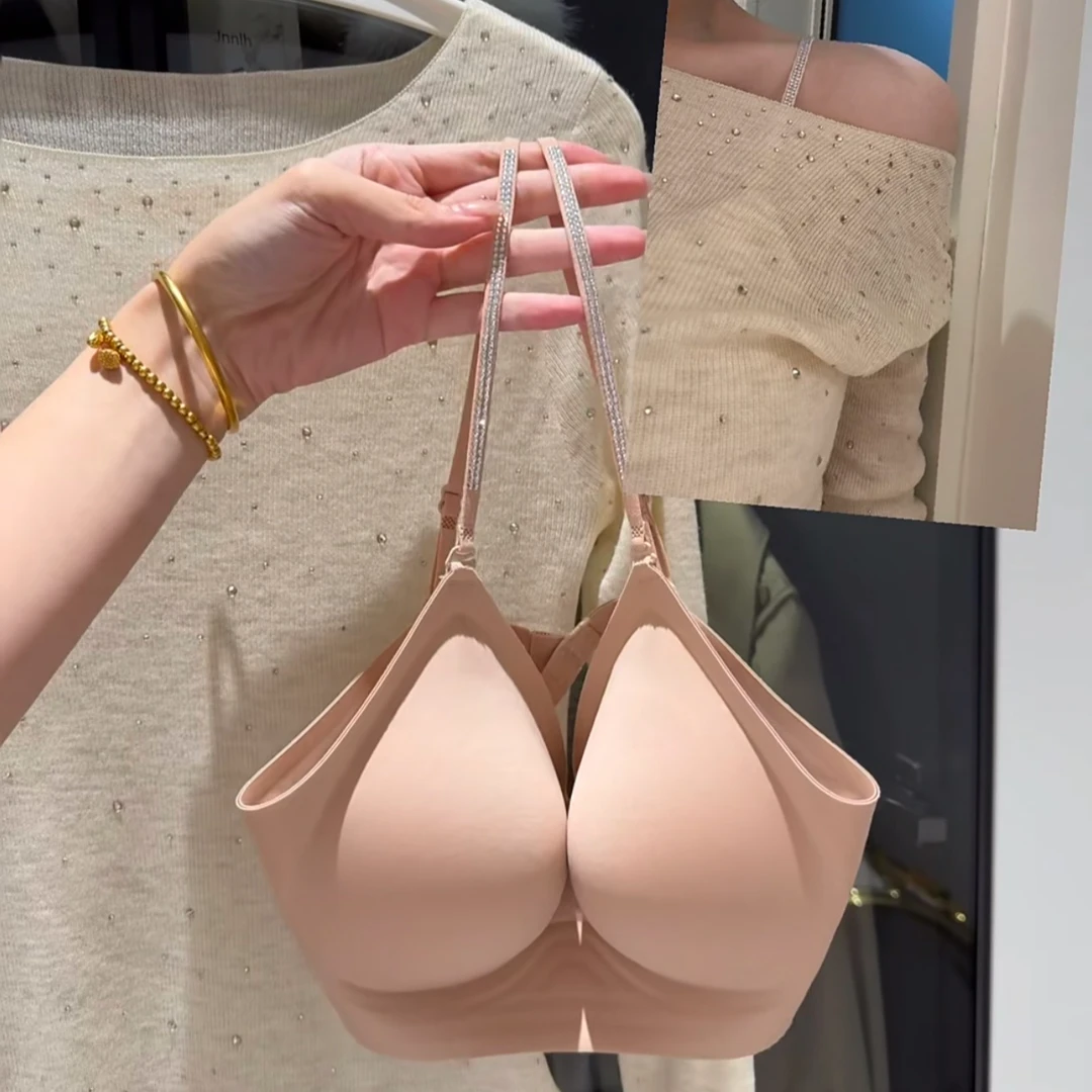 带钻细肩带U型美背交叉无痕防下垂小胸聚拢无痕内衣舒适文胸罩