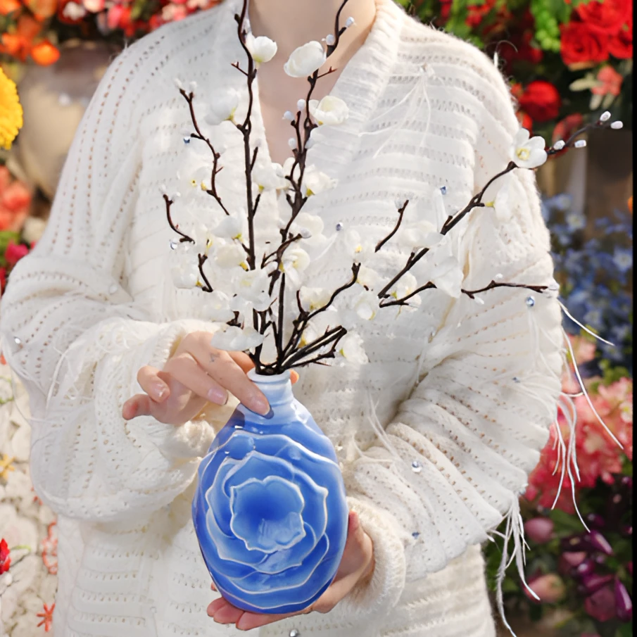 白梅花 珐琅彩 花瓶 仿真花 茶室 中式 装饰摆件 假花 茶几摆放