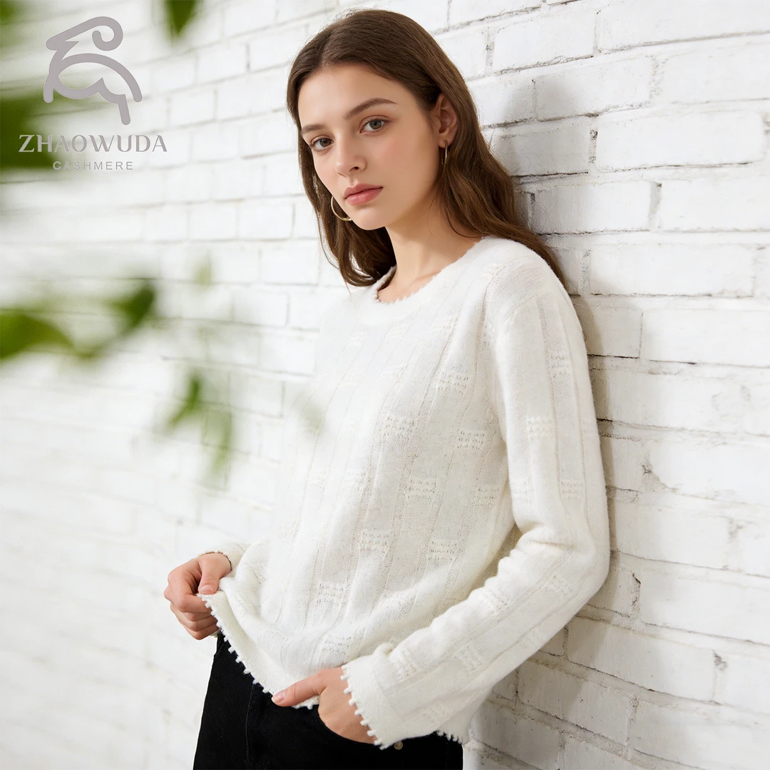 花边圆领抽条短款女上衣春季无染色100%山羊绒衫气质百搭