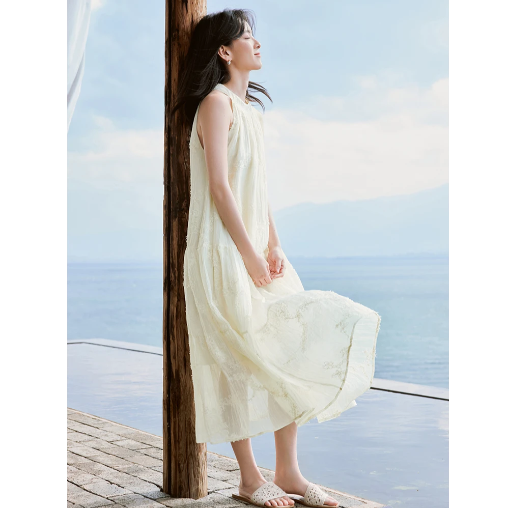 【绿子专属】茵曼挂脖连衣裙绣花无袖宽松A字长裙W18424751