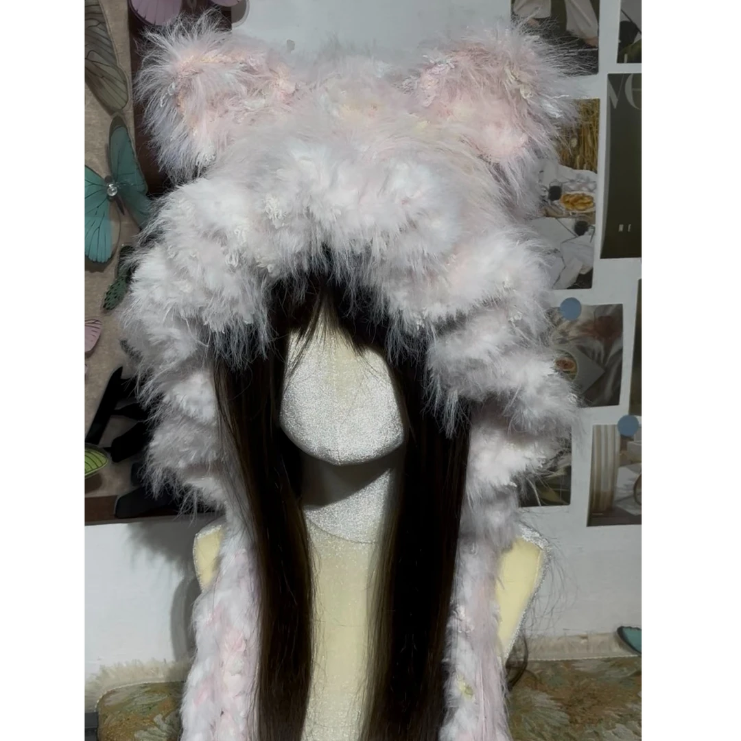 粉白色小狐狸帽线材 手工编织diy 手混线