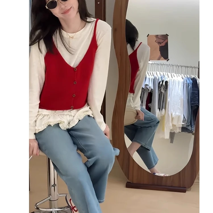 韩版纯色针织衫吊带背心女2025春季新款无袖马甲木耳边打底衫上衣