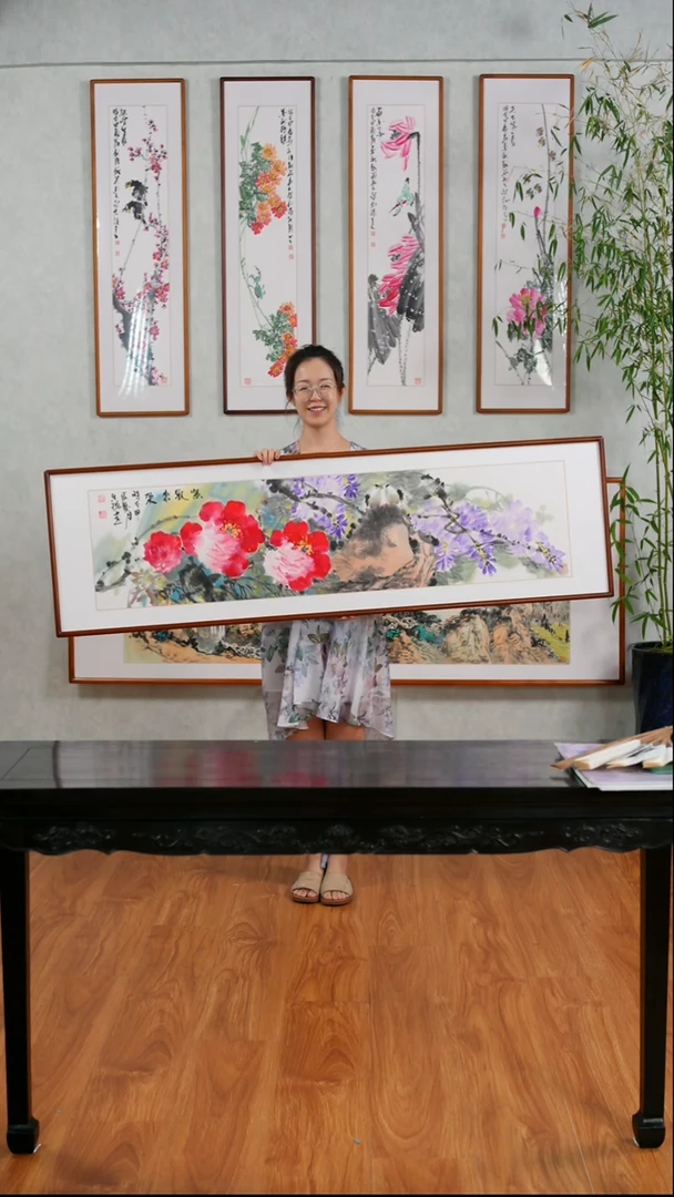 国画汪琼《紫气东来》手绘含框162*47厘米