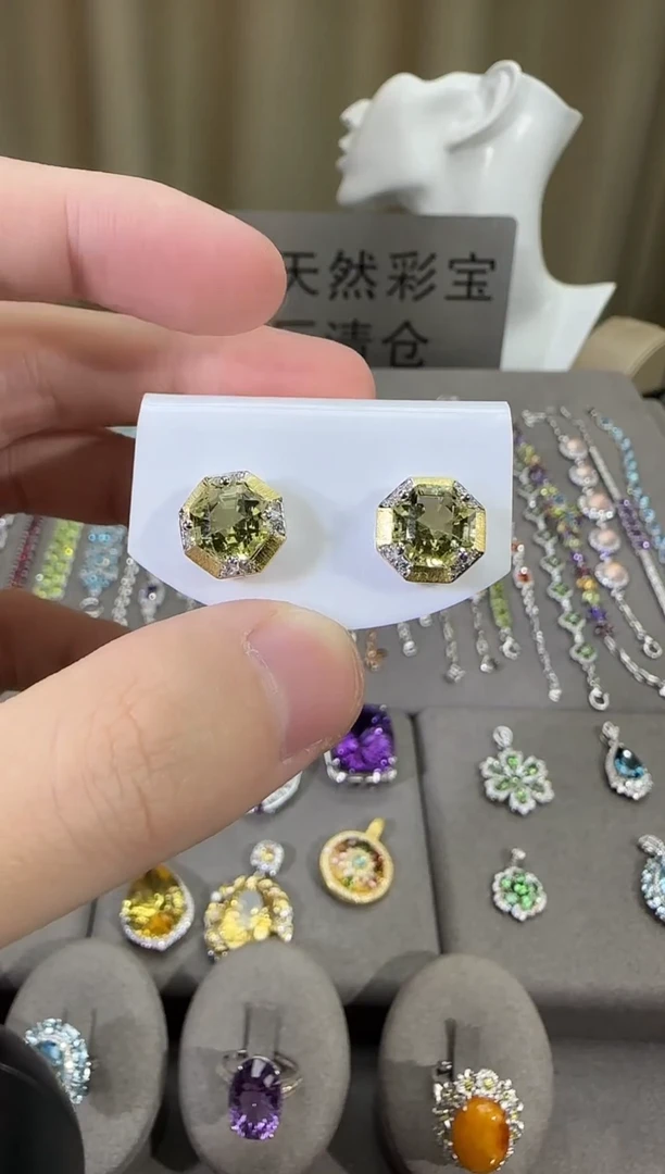 银S925镶嵌耳饰水晶10mm耳钉柠檬晶