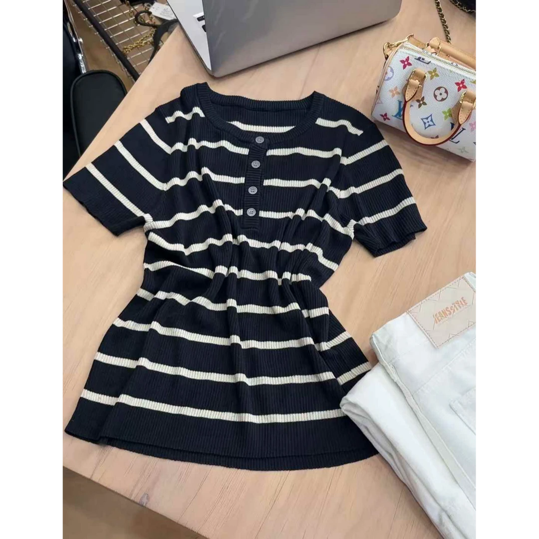 TY5 【莱赛尔条纹】韩系简约正肩显瘦针织衫（衣长56）