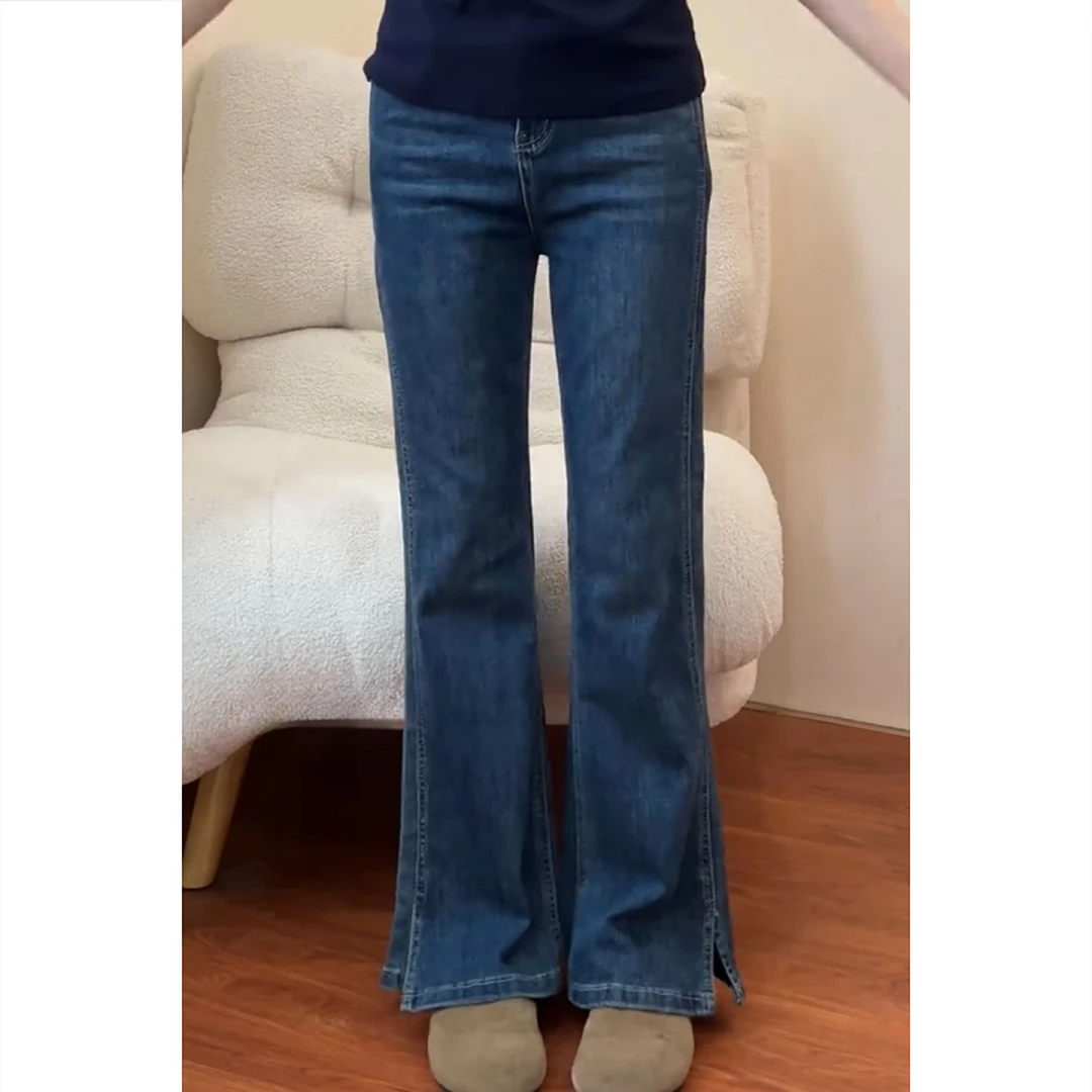 艾塔莉微弹力显瘦早秋新款女直筒牛仔裤开叉高腰复古水洗牛仔裤