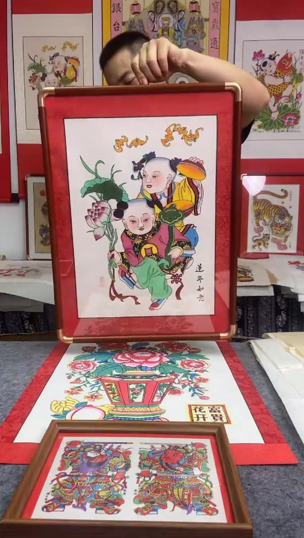 连年如意大实木框手工制作精品年画