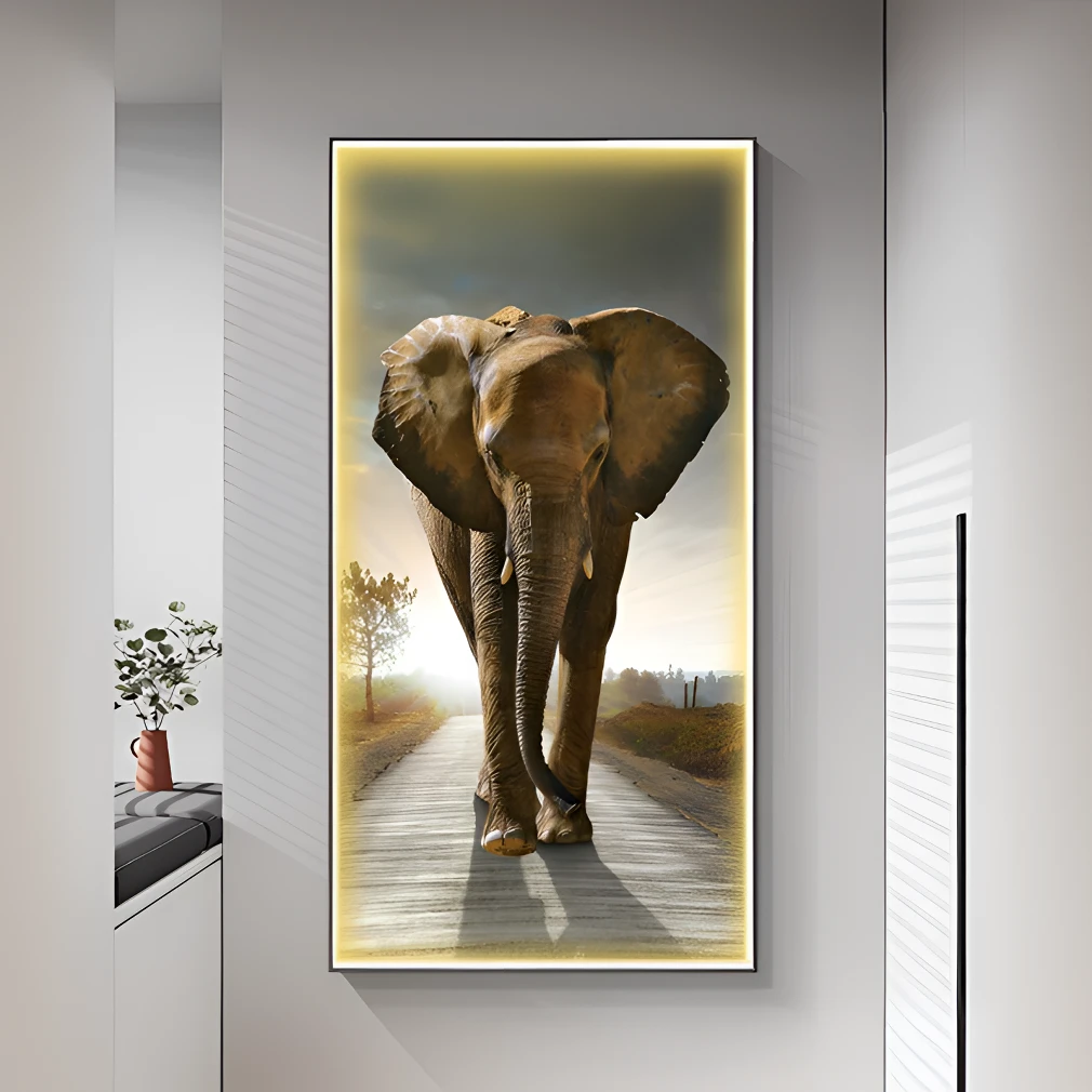 现代简约大象入户玄关装饰画轻奢大气走廊过道处带灯晶瓷镶钻壁画