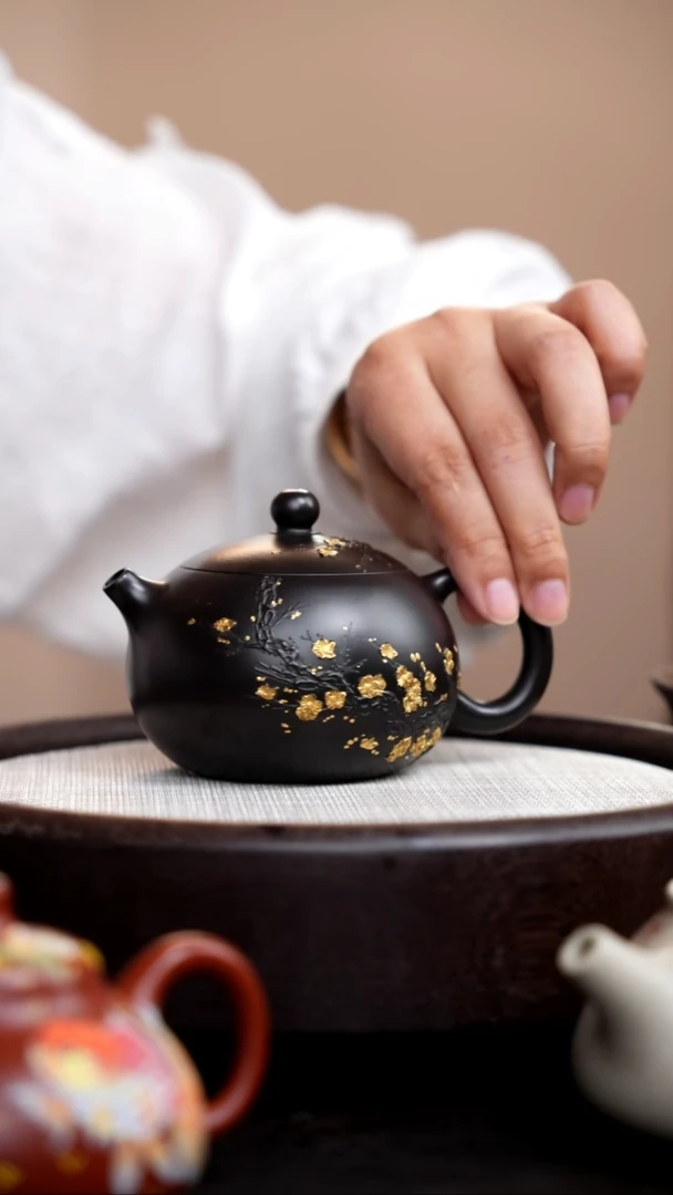 茶壶紫砂捂灰朱泥描金梅花西施