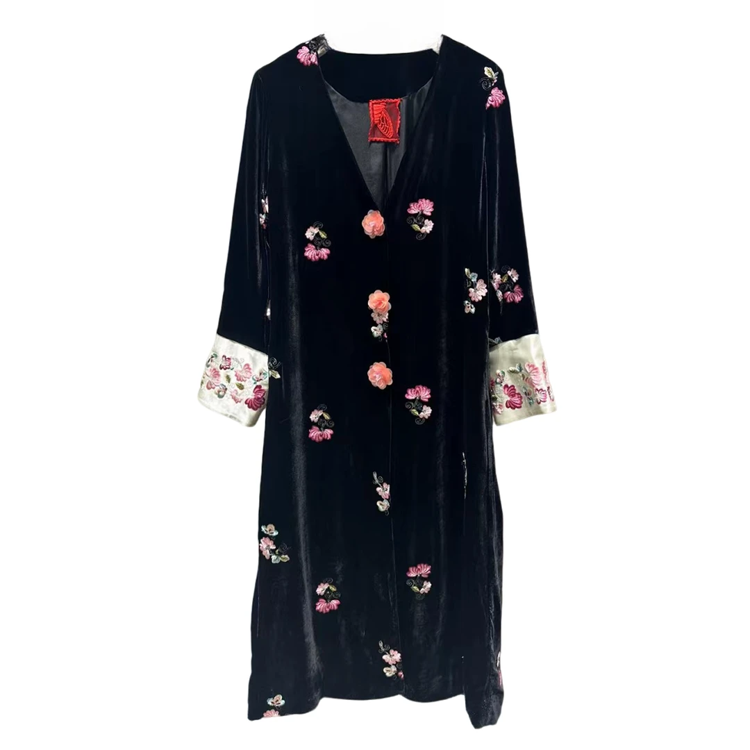 （言喻）真丝刺绣外套气质时尚百搭黑色复古中长款中国风绣花设计师