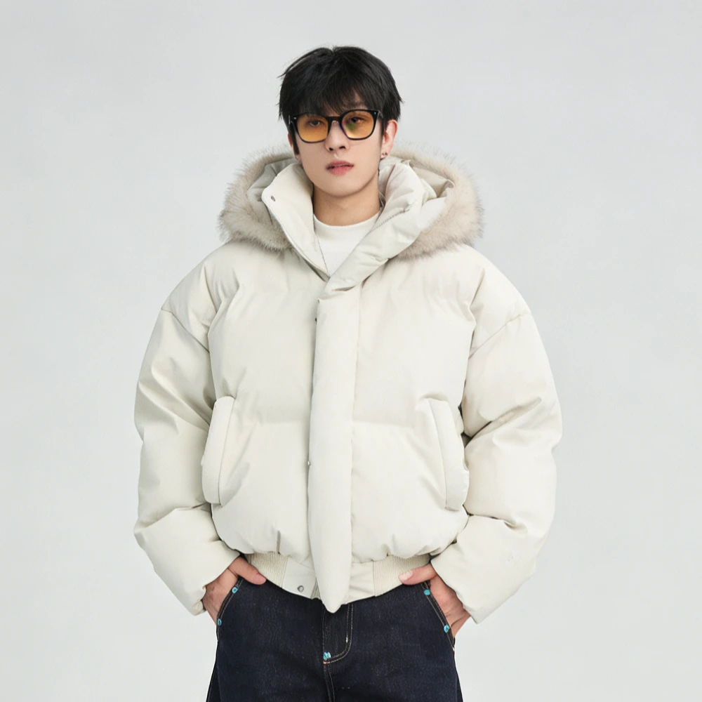 可拆卸连帽冬季白毛连帽PU皮棉衣男手塞棉棉服外套重磅保暖