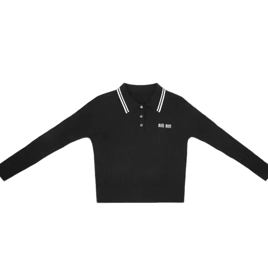 2024秋新款翻领羊毛针织衫女字母刺绣长袖上衣时尚休闲拼色打底衫