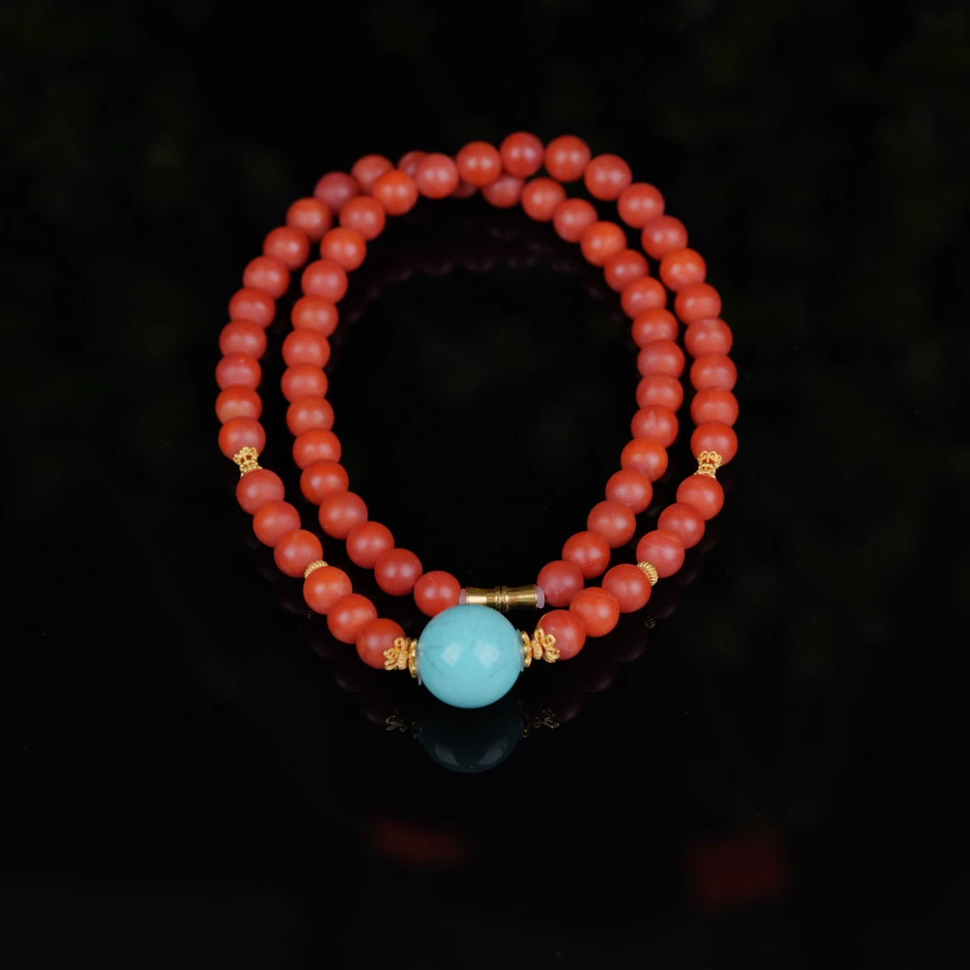 天然保山南红7m+绿松14m+DIY圆珠项链