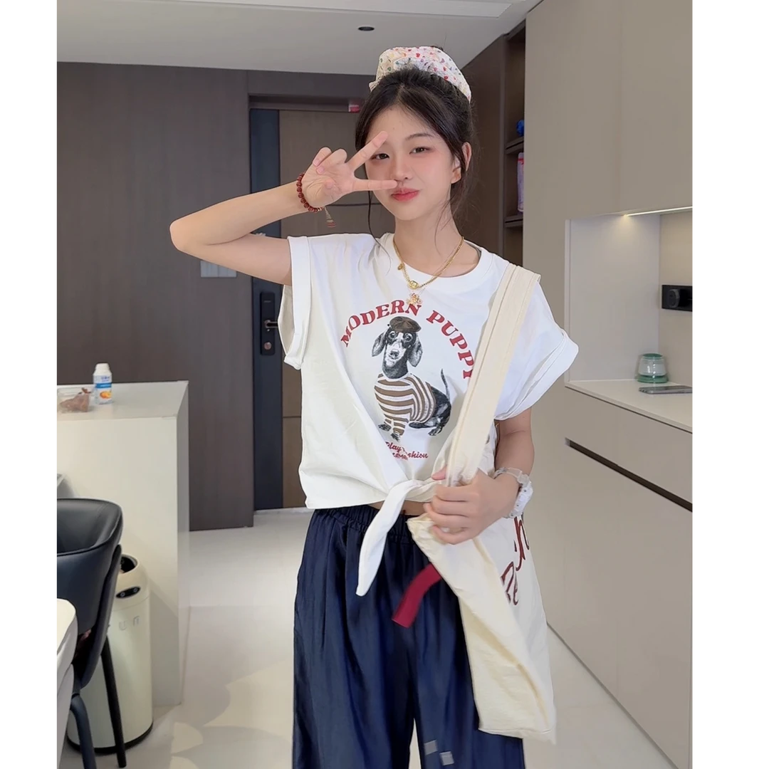 TTY青少年装 2025夏季休闲显瘦绑带短袖不规则百搭上衣279271