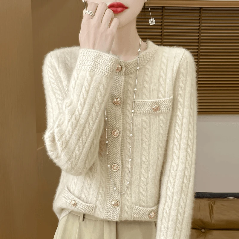 高级感~100%纯羊毛衫小香风圆领扭花单排扣洋气百搭女开衫外套