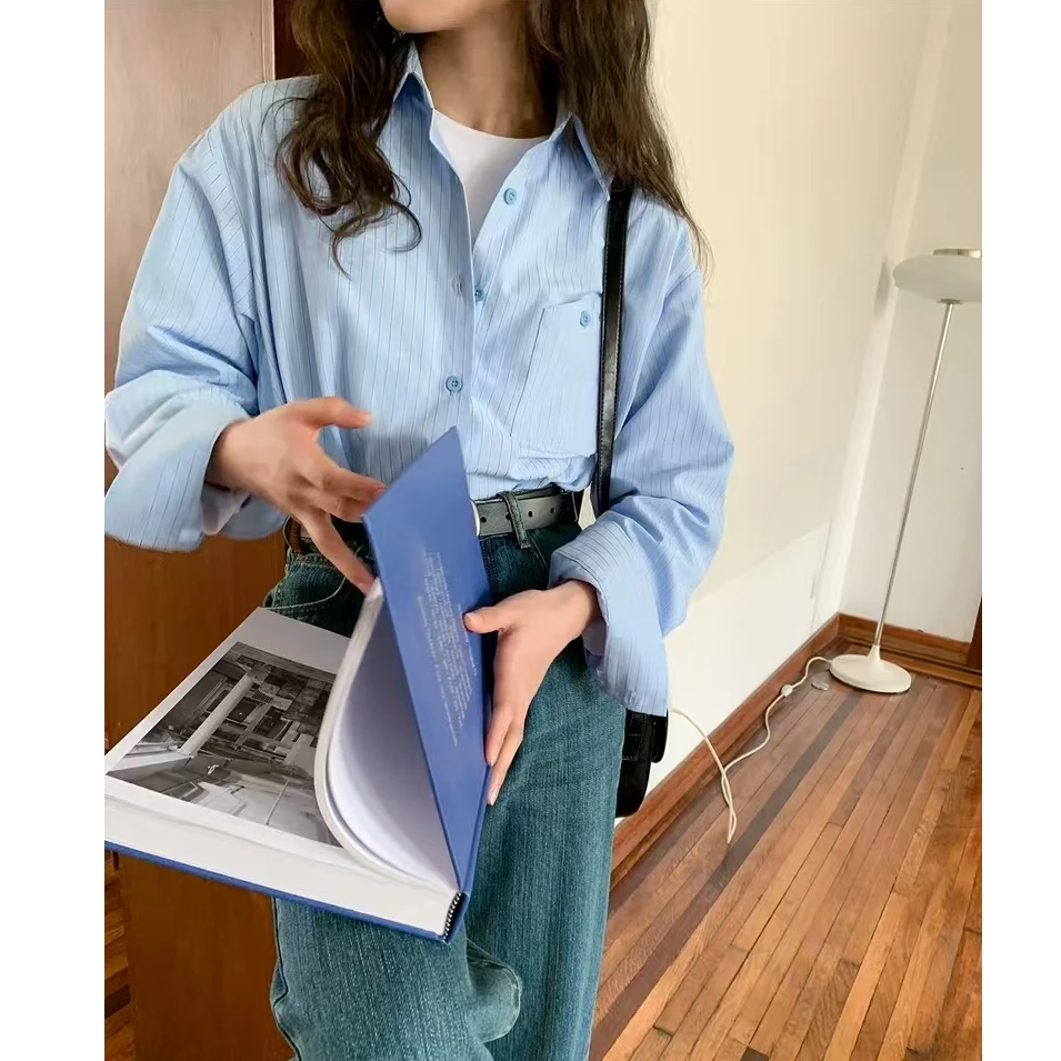 简约条纹衬衫女2025春季新款设计感韩系复古氛围感宽松长袖衬衣