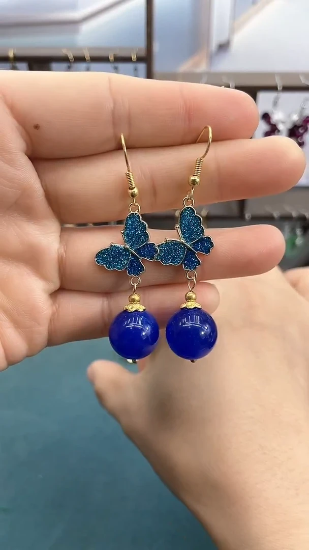 未镶嵌耳饰玛瑙/玉髓14mm蓝珠蝴蝶