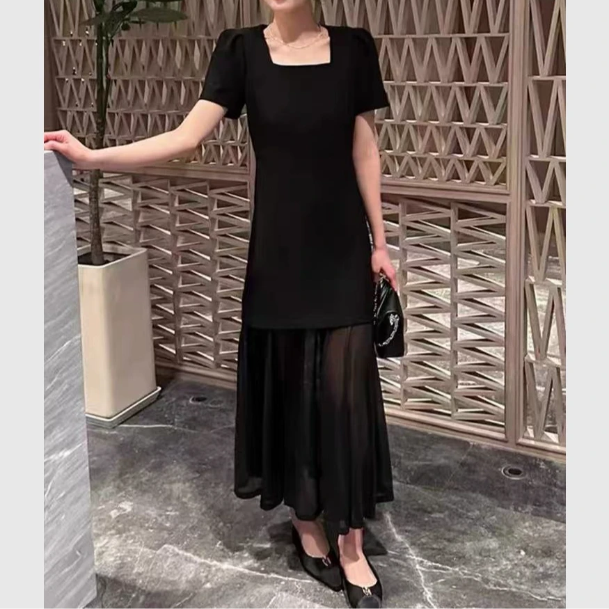 无印心匠B25792 赫本风方领网纱拼接连衣裙女夏季显瘦黑色 K498