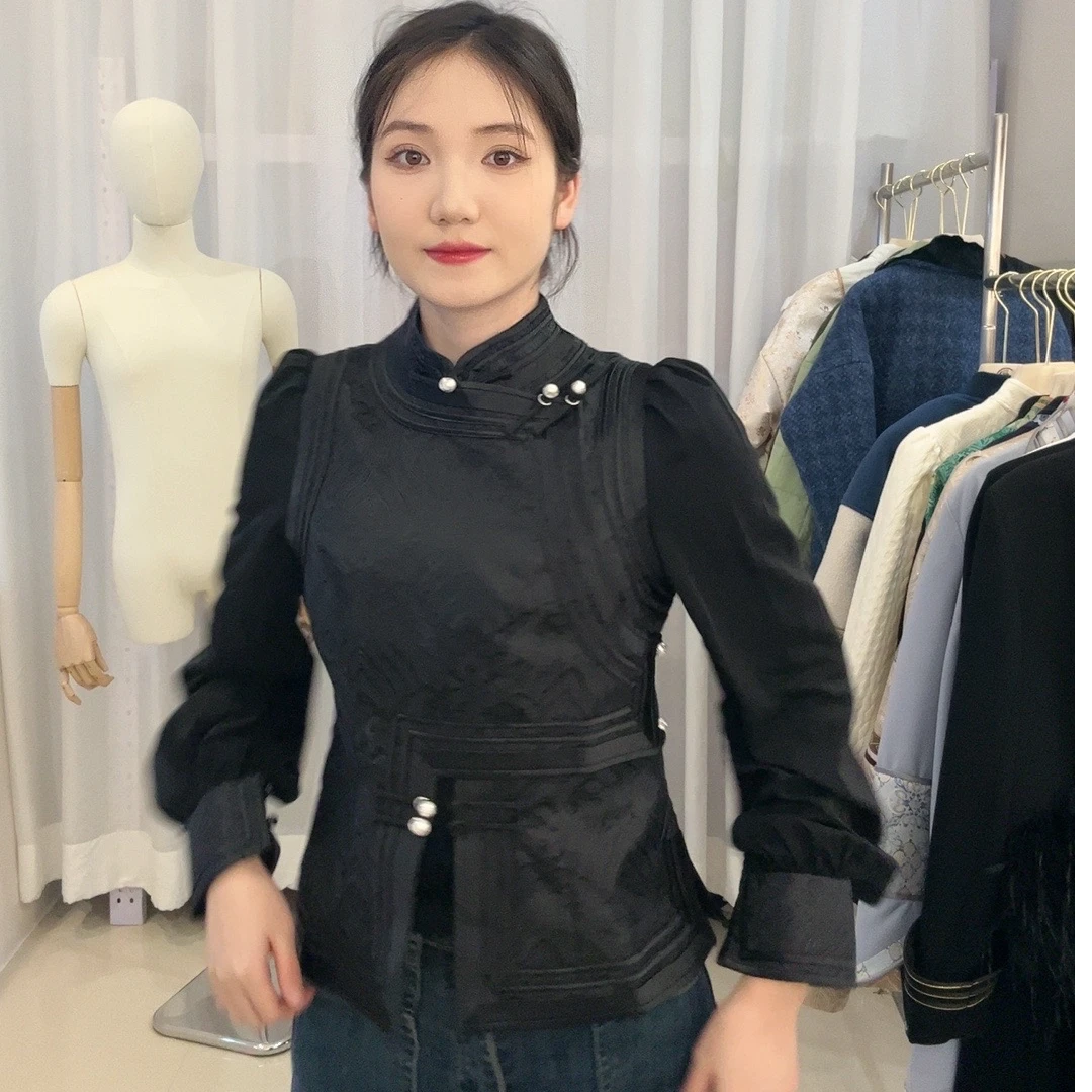 阿泯娜F23192纱袖马甲全黑山水