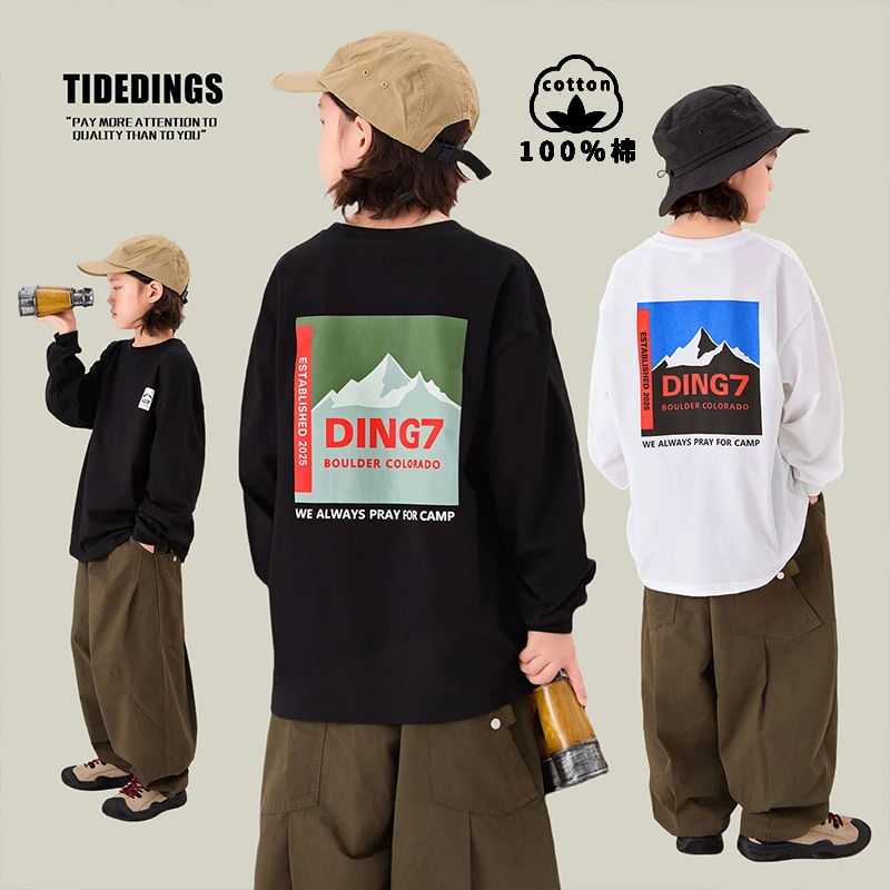 叮叮家童装2025春秋100%棉韩版男童宽松长袖中大童休闲T恤25301