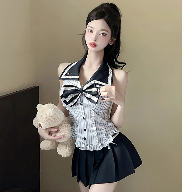 学院风甜辣妹穿搭套装裙纯欲露肩蝴蝶结衬衫上衣+百搭洋气半身裙