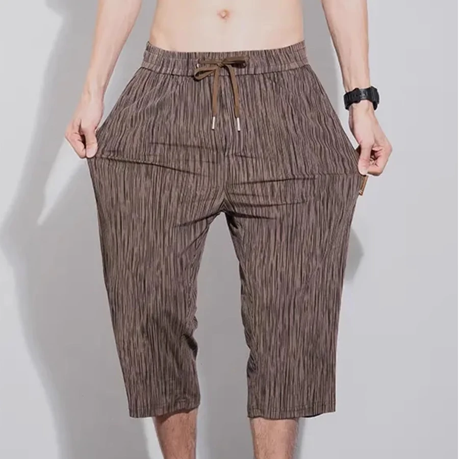 男士休闲裤夏季薄款透气高弹七分裤时尚百搭流星条纹五分裤短裤男