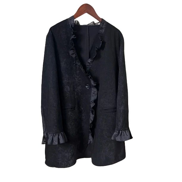 【佳佳】136高品质气质花边拼接休闲开衫外套百搭轻奢秋冬女士黑色