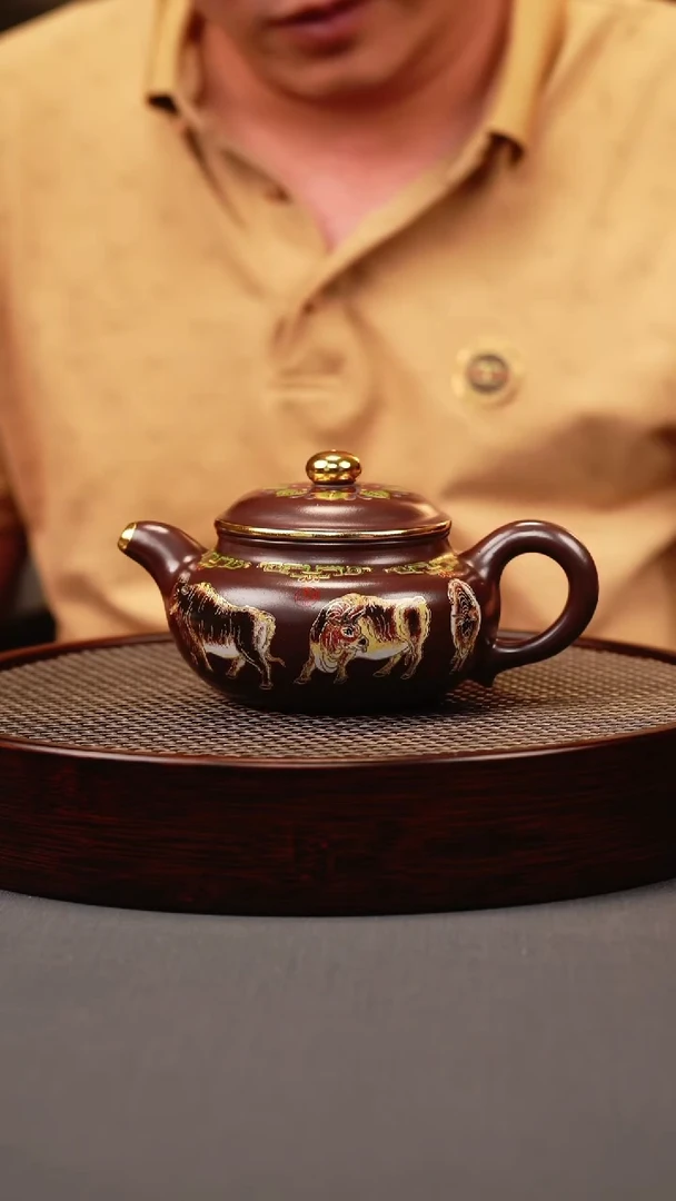 茶壶紫砂石红 仿古 五牛珐琅彩