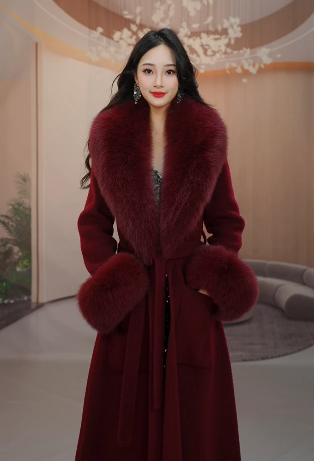 【沐沐家6】爱玛仕红色超大狐狸毛领双面羊毛大衣修身显瘦长款 2412
