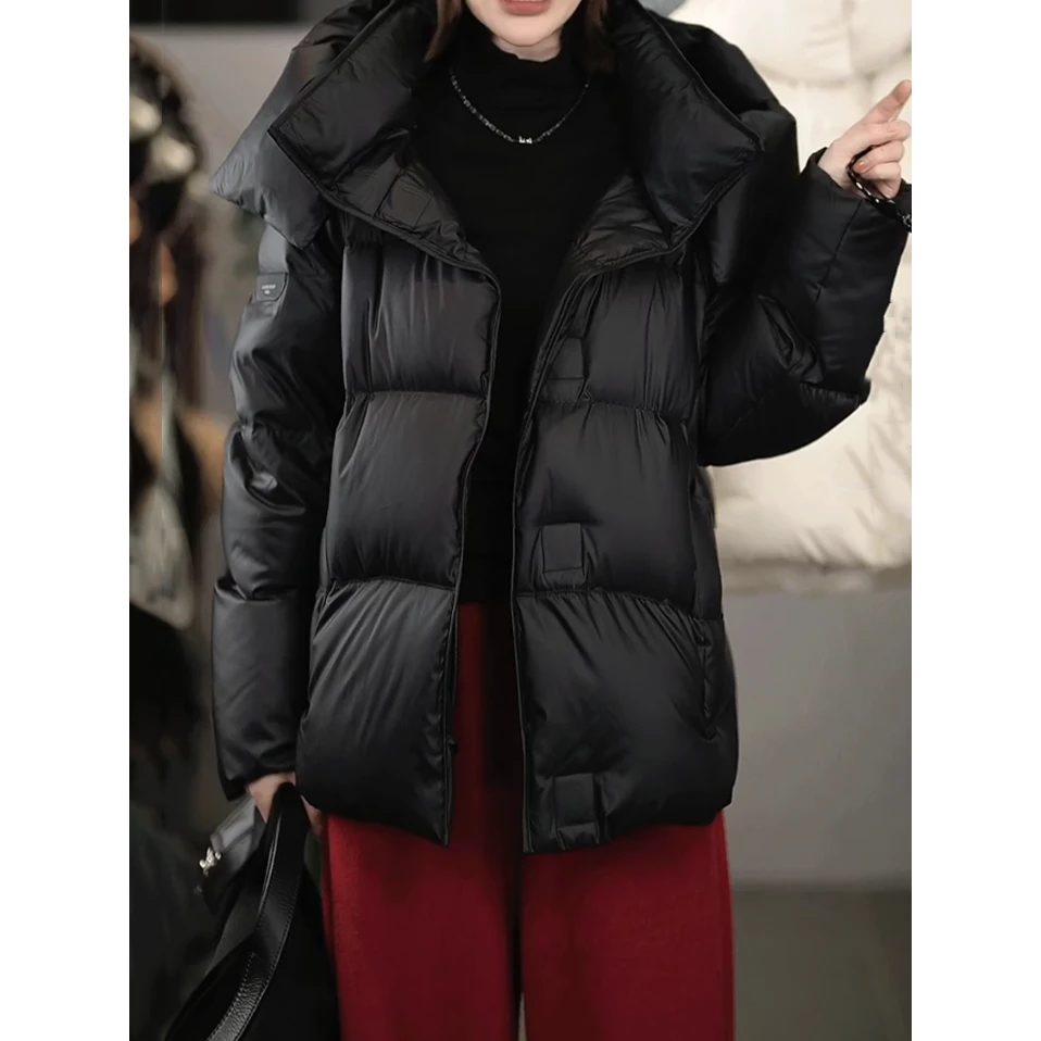 时尚百搭加厚羽绒服女2025冬季新款保暖宽松显瘦黑色连帽羽绒外套
