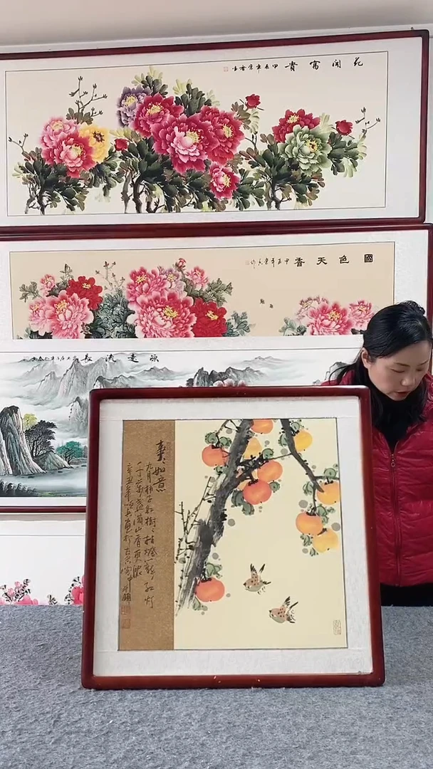 国画实木画框65*65带框纯手绘国画