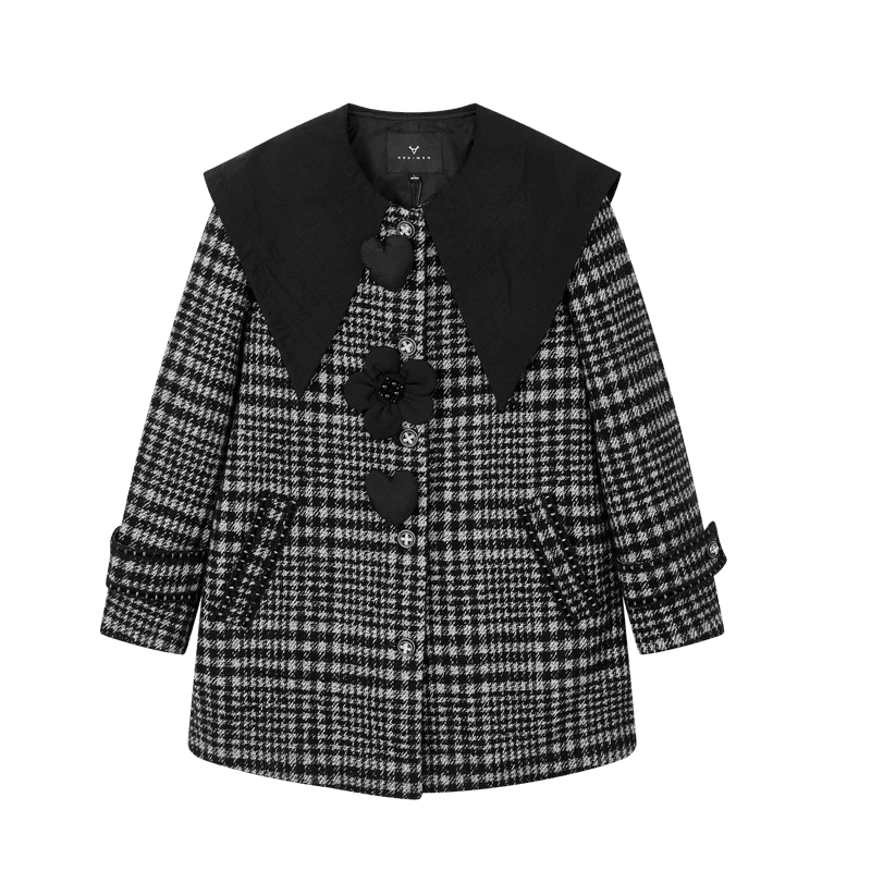 【小余专属】黑白格立体花朵海军领大衣X10ADS8036