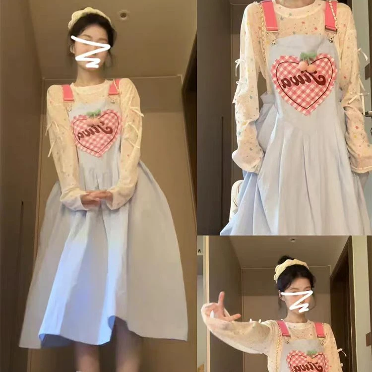 少女拼色背带连衣裙女春季2025新款宽松减龄中长款大摆裙子