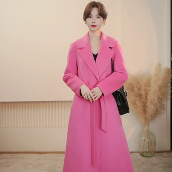 西装领长款女双排扣毛呢外套女装外套冬季韩版修身中长款秋冬大衣