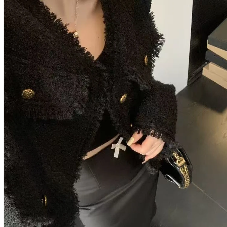 065黑色小香风外套女短款粗花呢上衣gp