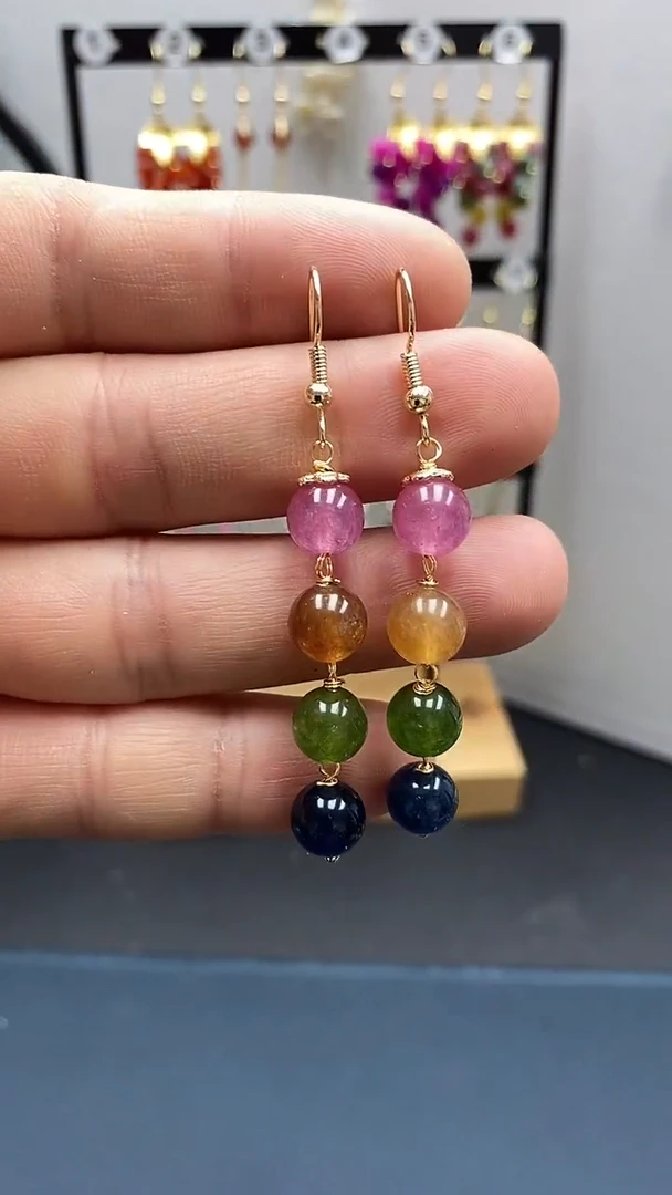 【闪购商品】碧玺耳饰银S925镀金镶嵌尺寸8mm连珠Q3