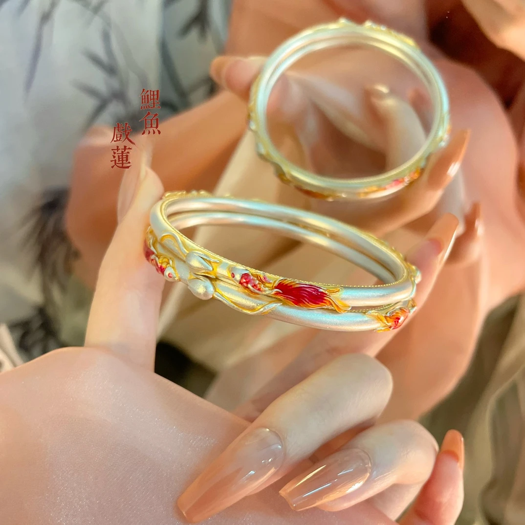 足银手镯 A06珐琅彩鱼戏莲花款手镯银描金闭口时尚镯子饰品七夕礼