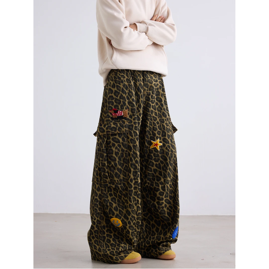 2025FW美式嘻哈豹纹星星刺绣直筒休闲裤2025新款宽松hiphop阔腿裤